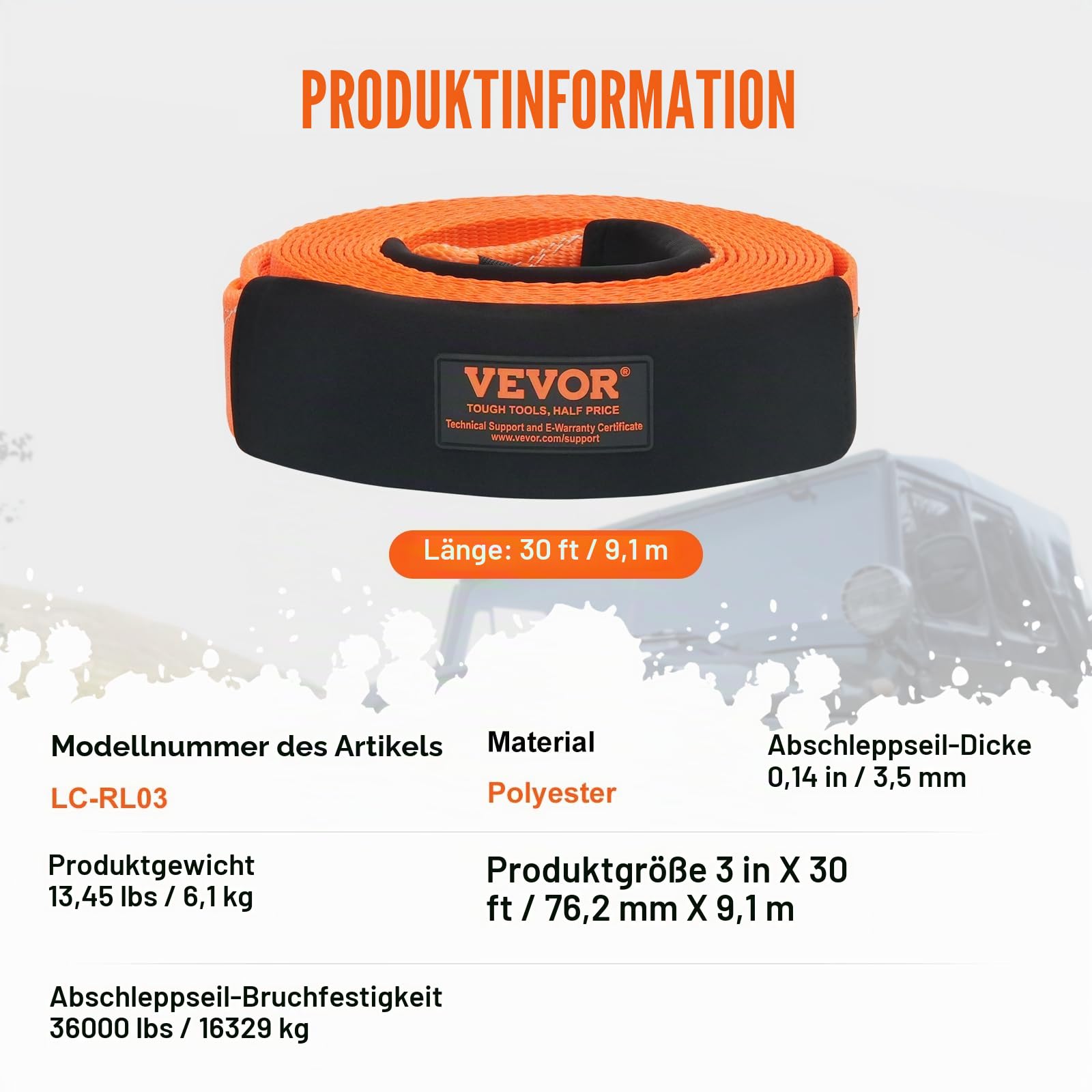 VEVOR Abschleppgurt aus Polyester, 7,6 cm x 9,1 m (16329 kg), Windengurt, dreifach verstärkte Schlaufe, Bergegurt 5,1 cm Anhängerkupplungsaufnahme 1,9 cm D-Ring-Schäkel (2 Stück) Aufbewahrungstasche