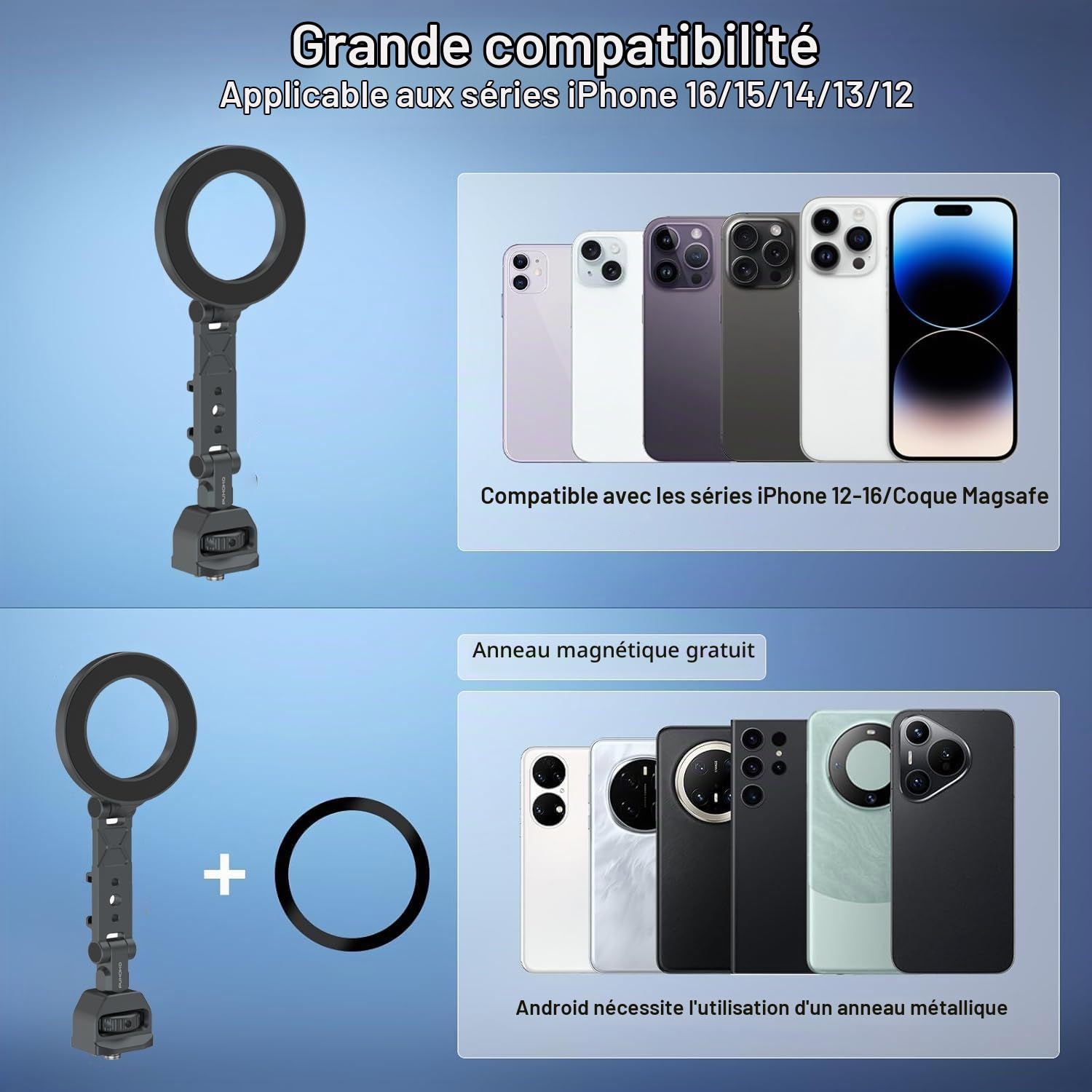 Support Magnétique pour Téléphone Magic Arm avec Plusieurs Trous de vis 1/4’’ pour Le Montage de Plusieurs Appareils, Convient à la Plupart des Téléphones