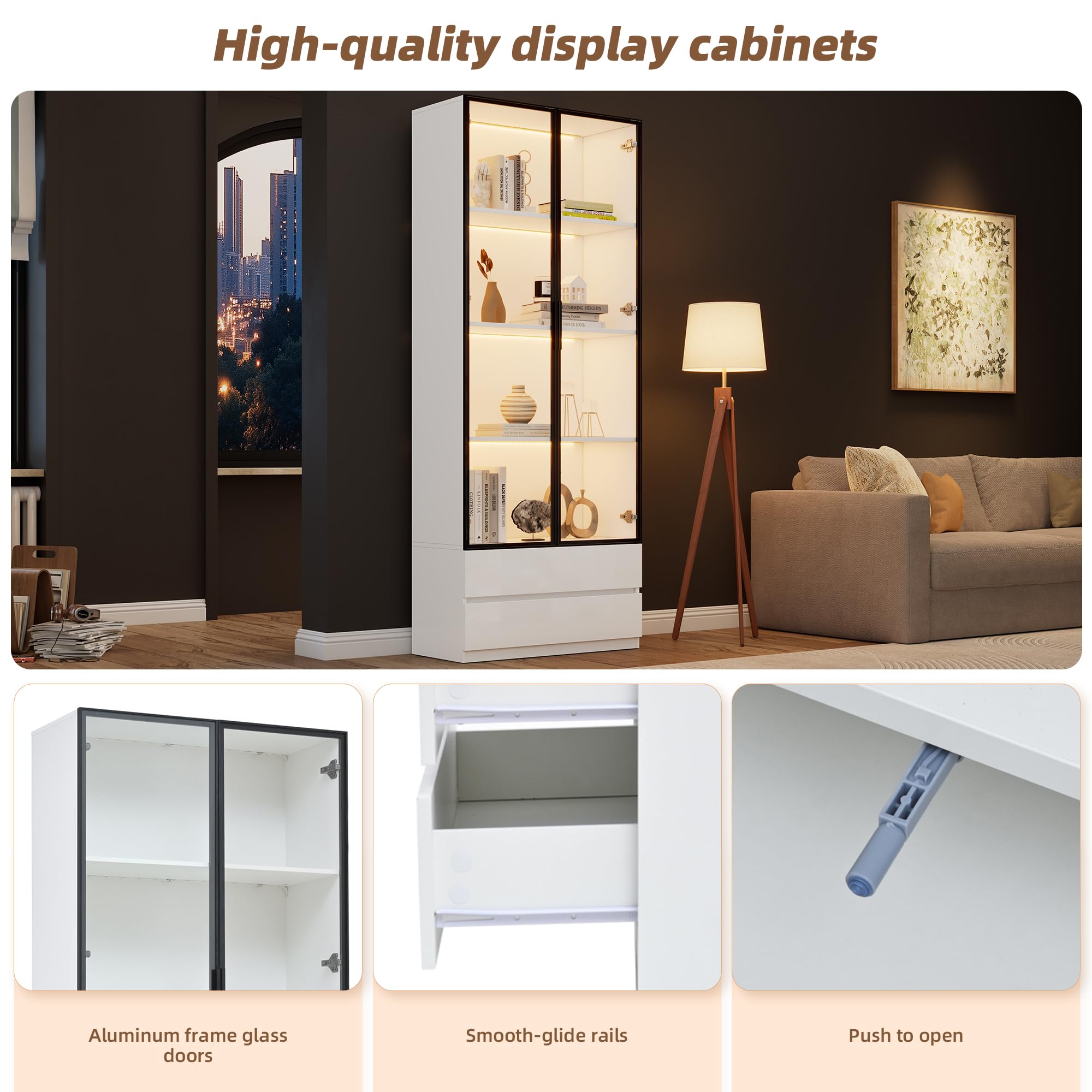 LAKFEW Vitrina con LED y Almacenaje, Vitrina Cristal con 2 Cajones y 2 Puertas de Cristal, Vitrina Expositora Mueble Salon para Despacho, Vitrinas para Salon, 80x34x200 cm, Blanco