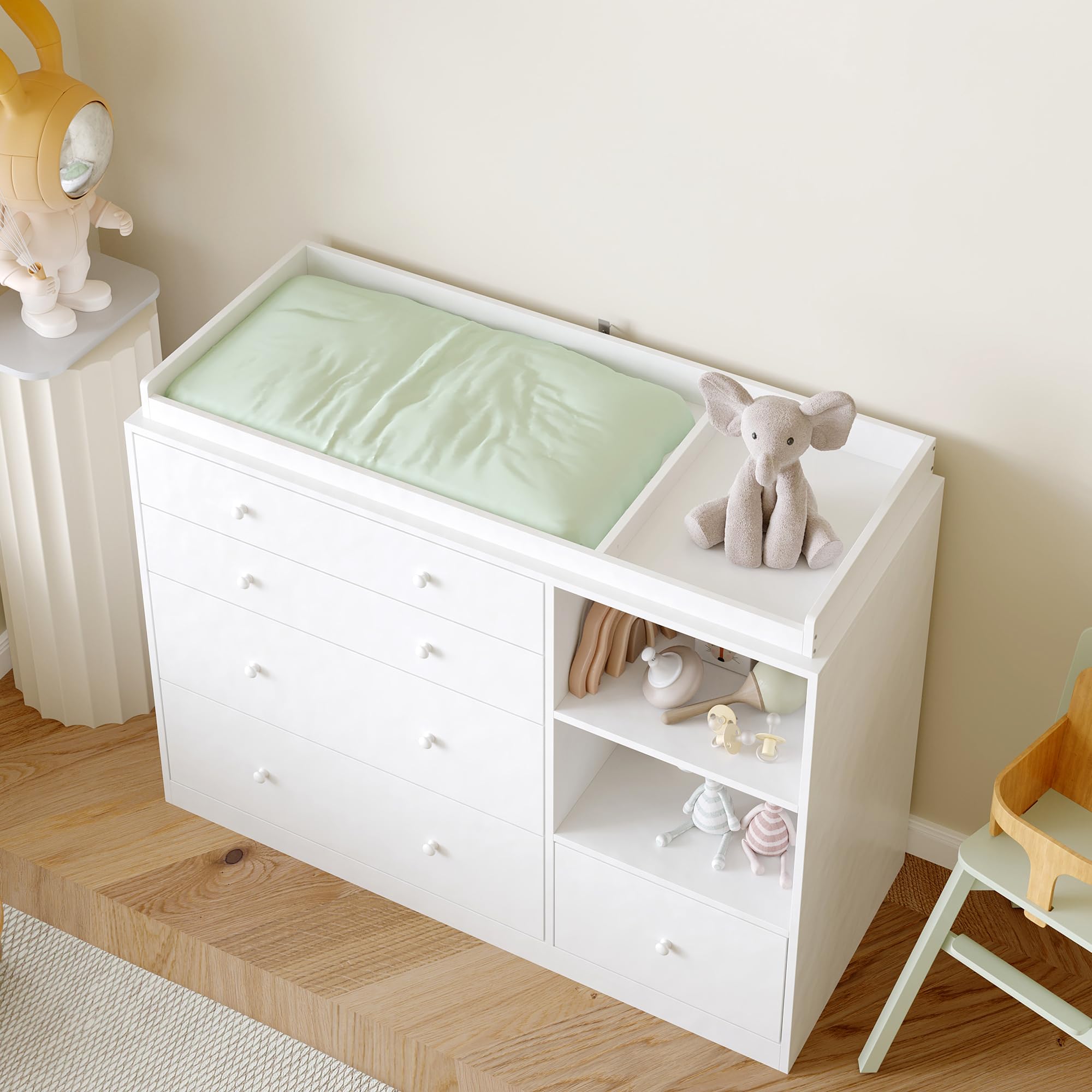 Caldion Commode à langer avec table à langer blanche, commode pour bébé avec 5 tiroirs et surface de rangement, commode de rangement pour chambre de bébé, 120 x 50 x 85 cm
