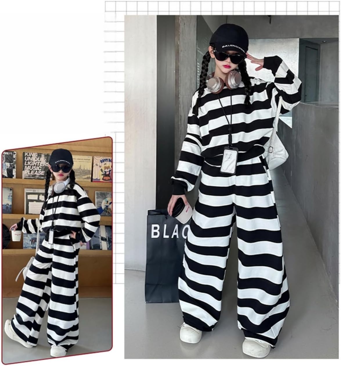 [HongzyFirm] 子供服 ジャージ キッズ 女の子 セットアップ 春 秋 服 ボーダー パーカー ワイドパンツ 子供 上下セ