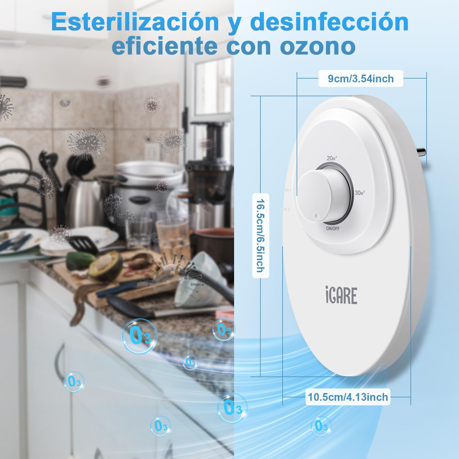 ICARE Generador de Ozono Purificador de Aire, 120 mg/h Ionizador de Aire, Eliminador de Olores Mascotas, Fácil de Usar, Maquina de Ozono para 30m² Baño, Cocina, Humo, Coches, Mascotas, Formaldehído — view 3