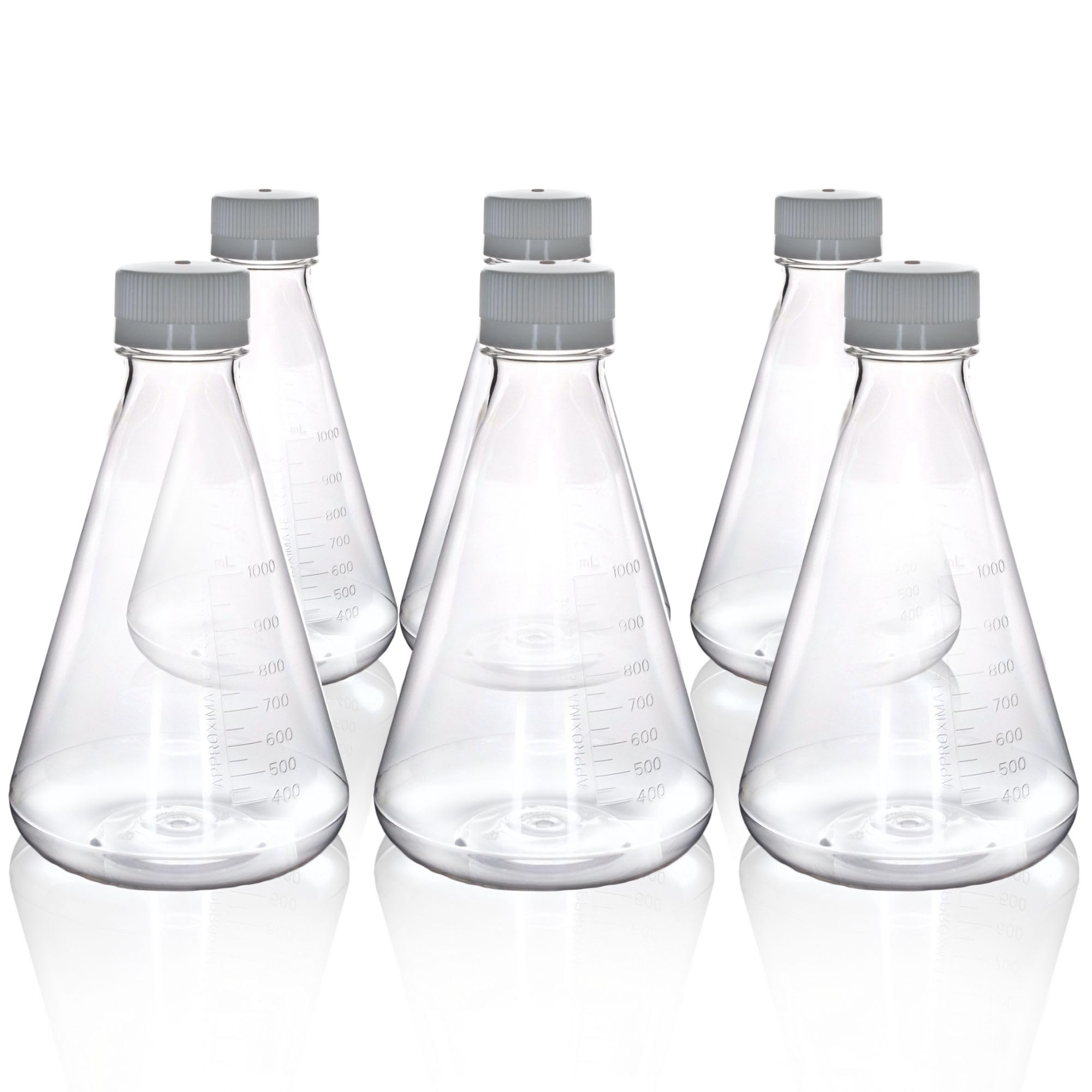Eisco - Paquete de 6 frascos Erlenmeyer de PETG estériles de 1 litro, sin ventilación, fondo plano, grado de laboratorio, esterilizado gamma, clase USP VI, ideal para cultivo celular, procesamiento