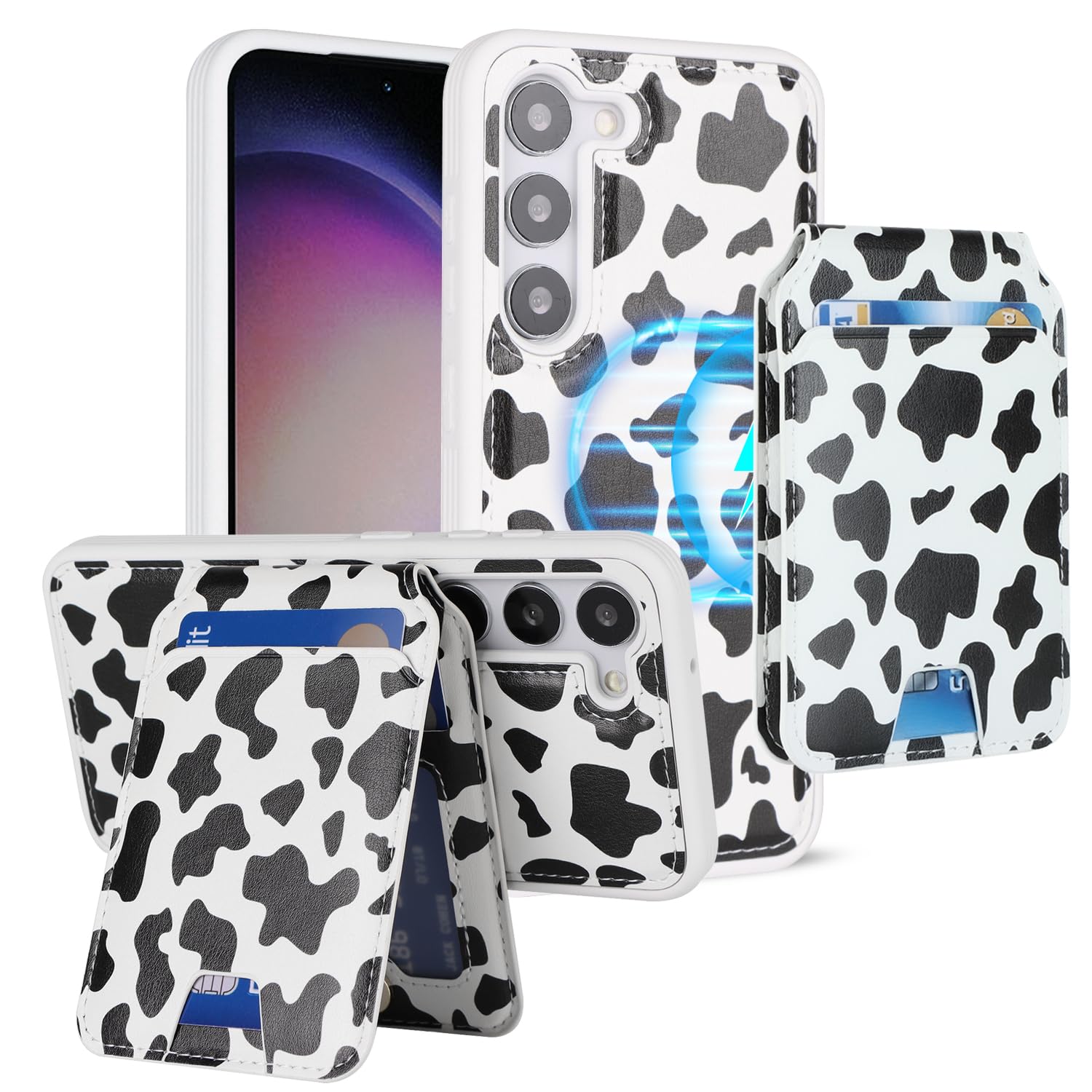 iCoverCase Wallet Case for Samsung Galaxy S23 Compatible with MagSafe, Magnetic Detachable Card Slots Holder PU Leather Kickstand Wireless Charging Case (Cow Print)