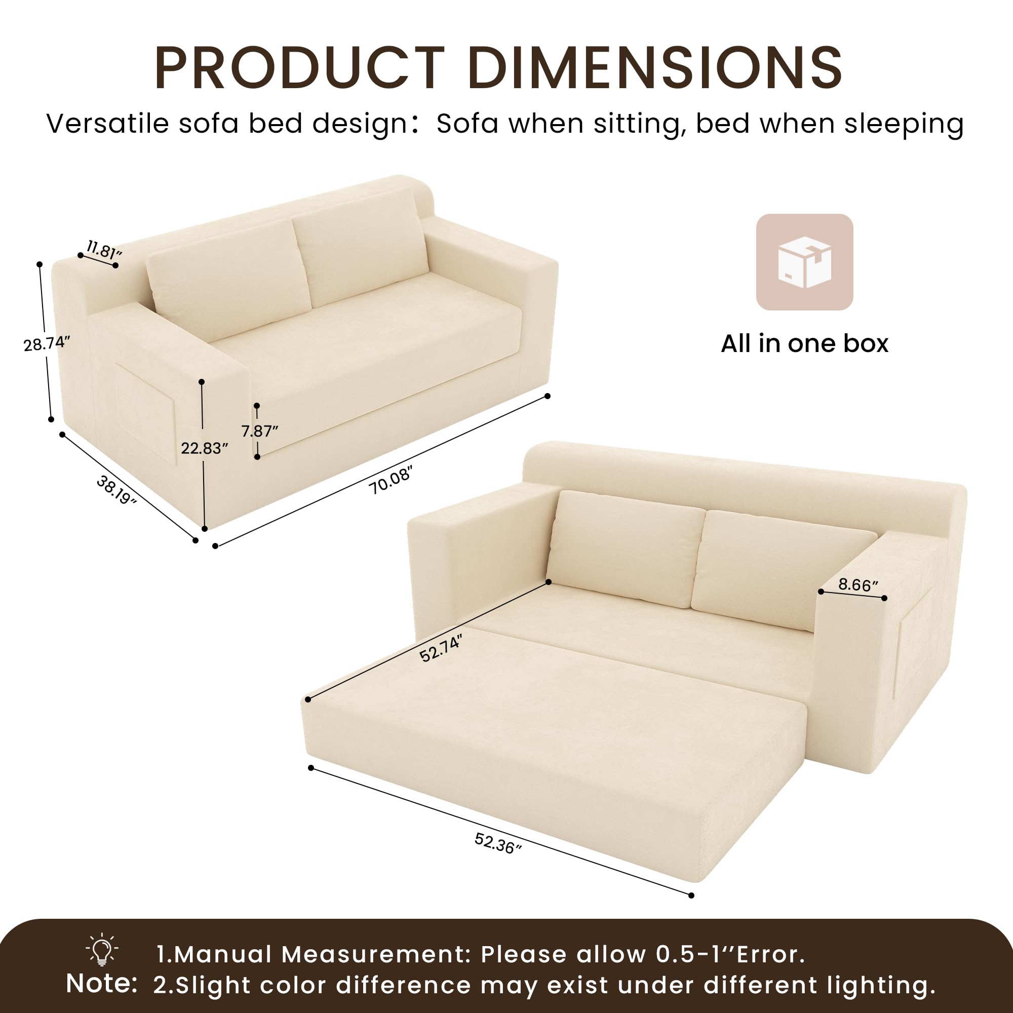 GRUSIGN 71" Boneless Loveseat Couch,Chenille Pullout Futon Couch,4 in 1 Folding 3 Seater Sofa Bed for Living Room,Boneless Cloud Couch with Storage Pocket & 2 Pillows,Beige