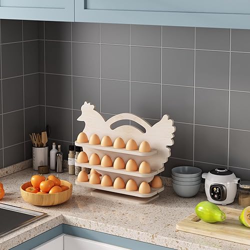 Miniatura 2 de Soporte para huevos de gallina, cesta de almacenamiento de madera, decoración rústica de cocina para 36 huevos frescos, madera natural