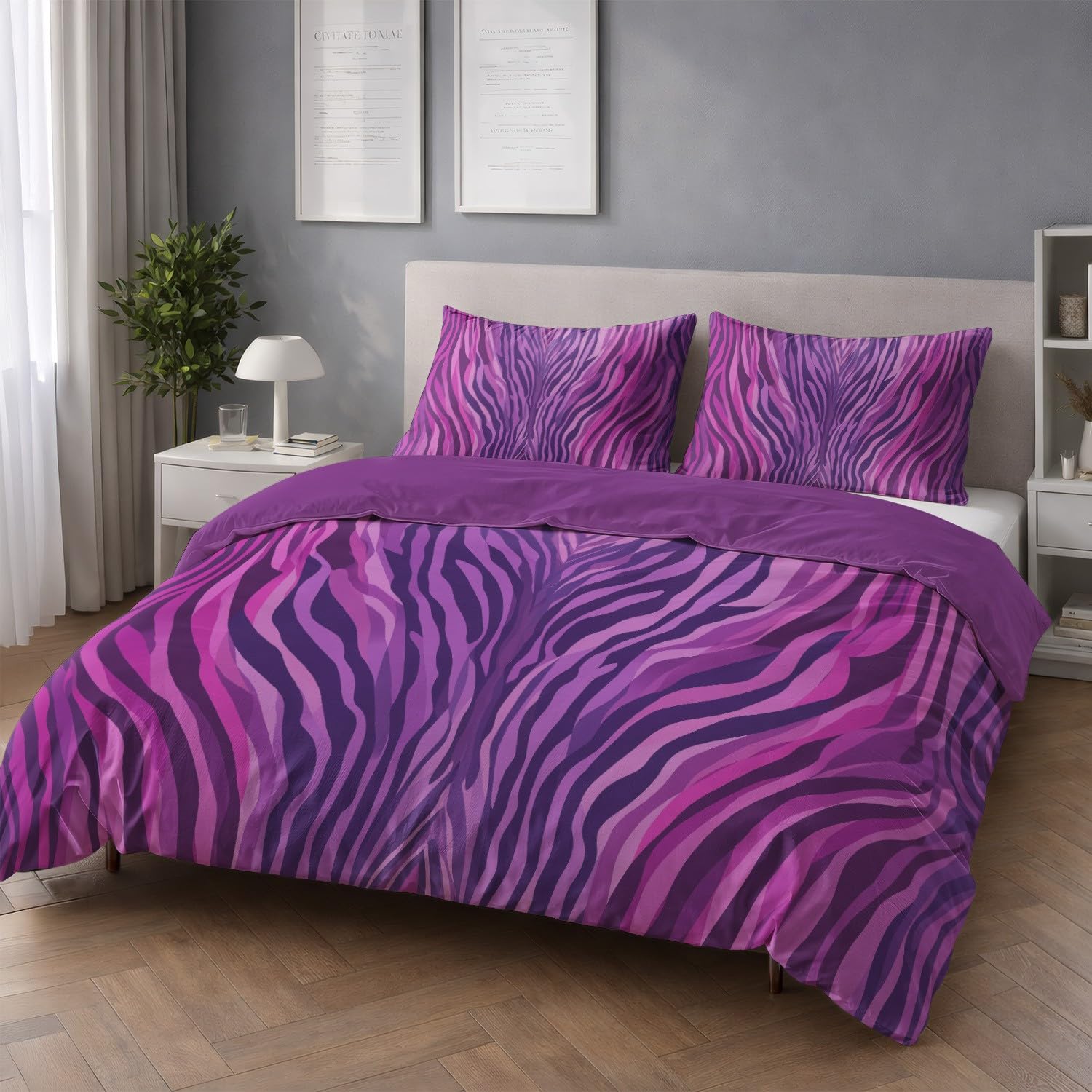 Generic Zestaw poszewek na kołdrę, elegancki, symetryczny nadruk zebry, super king, 293 x 236 cm, fioletowy abstrakcyjny zestaw pościeli 3-częściowy, miękka poszewka na kołdrę z mikrofibry dla dzieci