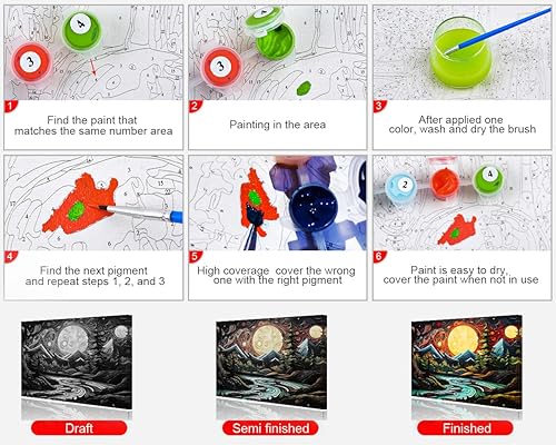 Miniatura 3 de Kit de pintura al óleo para bricolaje, pintura abstracta de luna y montaña por números para adultos principiantes, pintura de arte moderno con