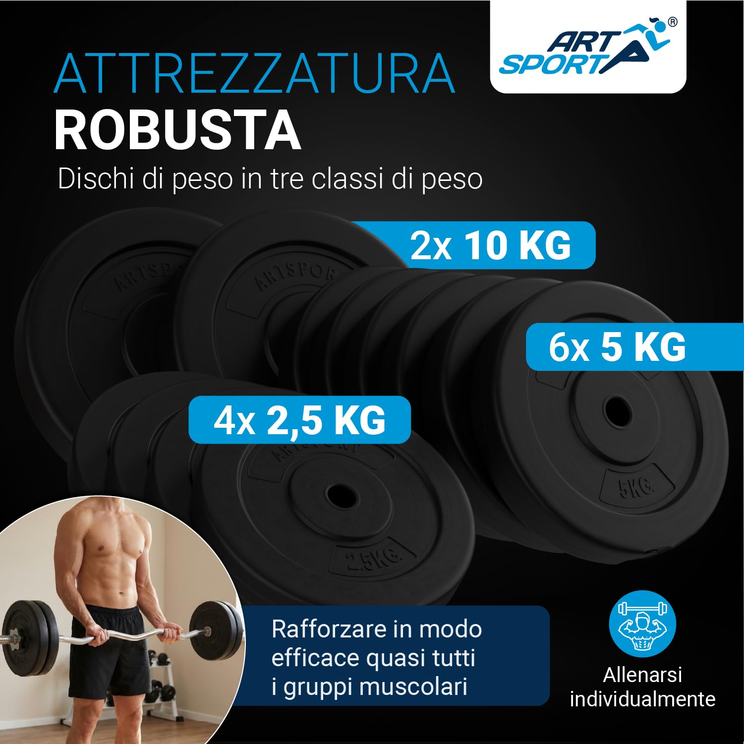 ArtSport set di manubri corti 3in1 con 2 manubri, 1 bilanciere e 1 manubrio Curl SZ - 12 pesi da 60kg e serrature a stella| Set di manubri per l'allenamento muscolare