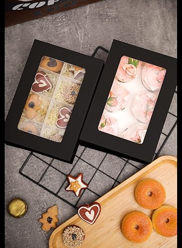 Miniatura 6 de qiqee 6 cajas negras para cupcakes con ventana autoemergentes, 30 paquetes de cajas de cupcakes de 9 x 6.1 x 3.3 pulgadas, cajas de panadería para
