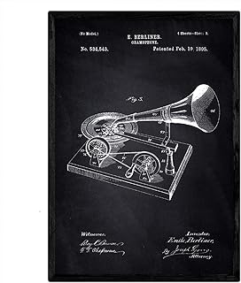 Nacnic Stampa artistica vintage su sfondo nero brevetto grammofono. Progetto grammofono musicale. Musica, suoni e dischi in vinile. Vecchi brevetti. Vecchie invenzioni sonorità.