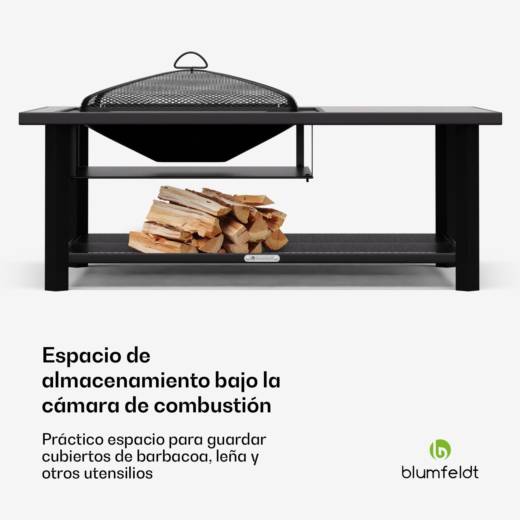 Blumfeldt Merano Avanzato L Brasero Exterior - 3 en 1 Hoguera, Barbacoa & Mesa, Estructura de Acero, Tablero de Terrazo, Incluye Parrilla, Atizador & Protector Antichispas, Ideal para Jardín & Patio