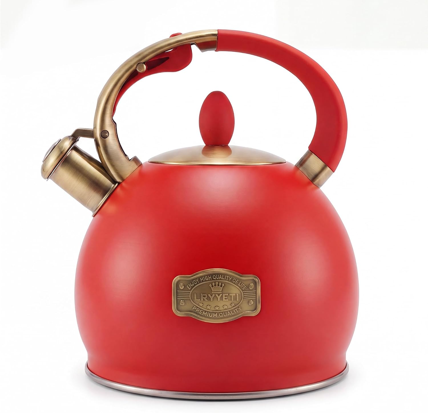 LRYYETI Whistling Tea Kettle, Yellow, 2.64 Quart | Stainless Steel Stovetop Water Kettle, Bronze Accents, Heat Resistant Handle, For Induction Gas Ceramic Stoves