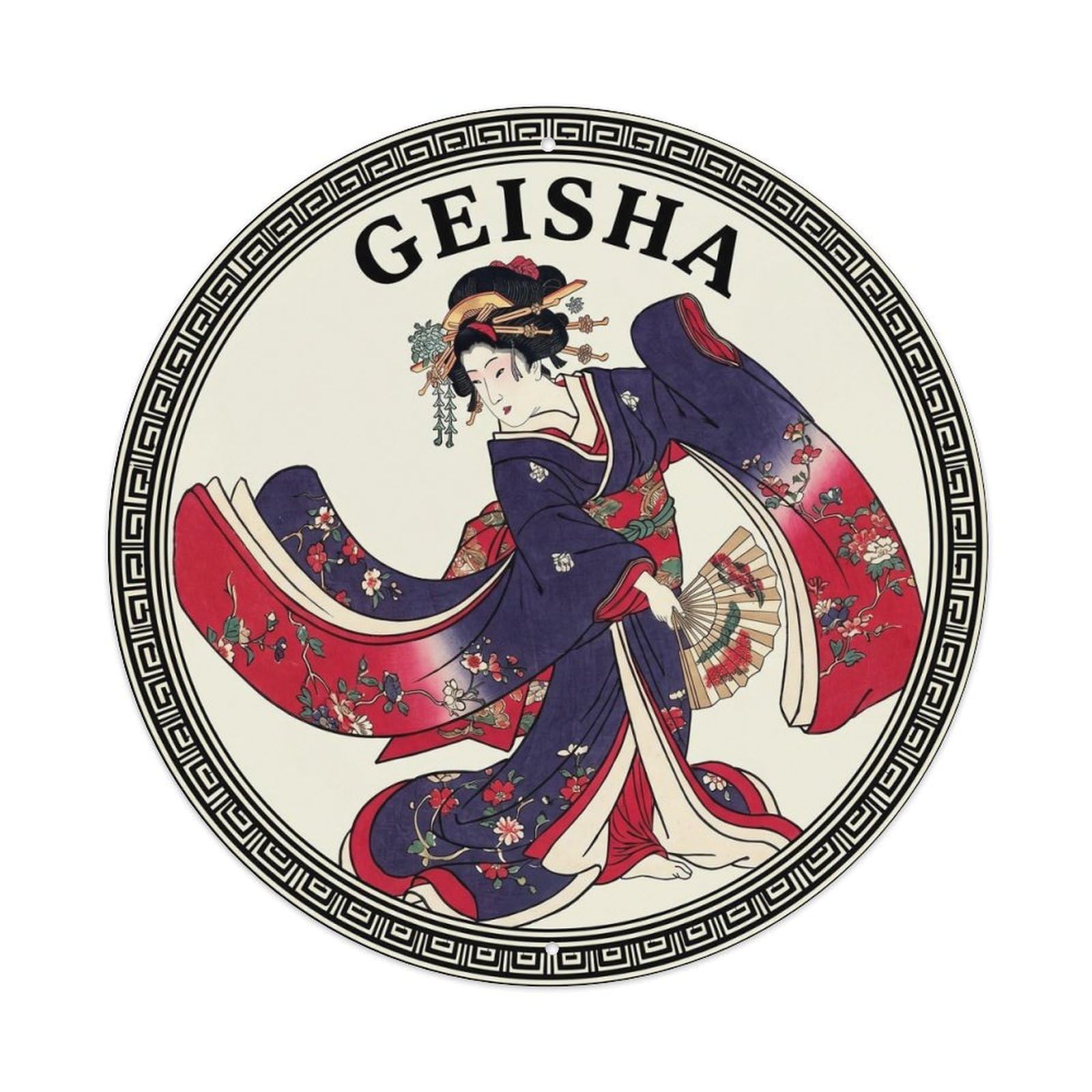 Olyhtr 8X8inch Classic Style Geisha Dance Maiko Woodblock Indigo Crimson Metal Tin Sign