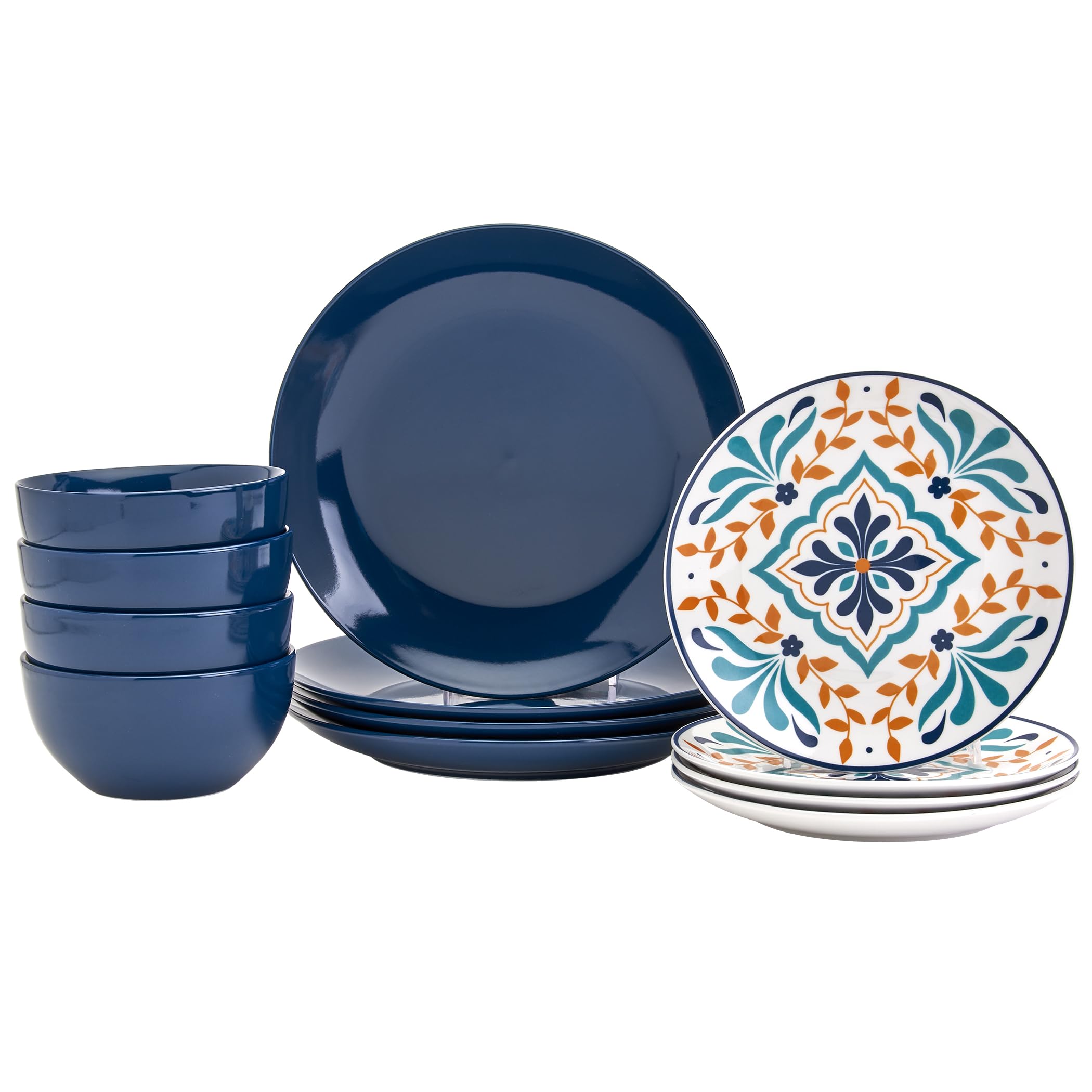 Tabletops Gallery 12-Piece Isabella Patterned Ceramic Dinnerware Set of Kitchen Dishes, Dinner Plates, Cereal Bowls, Service for 4, Blue