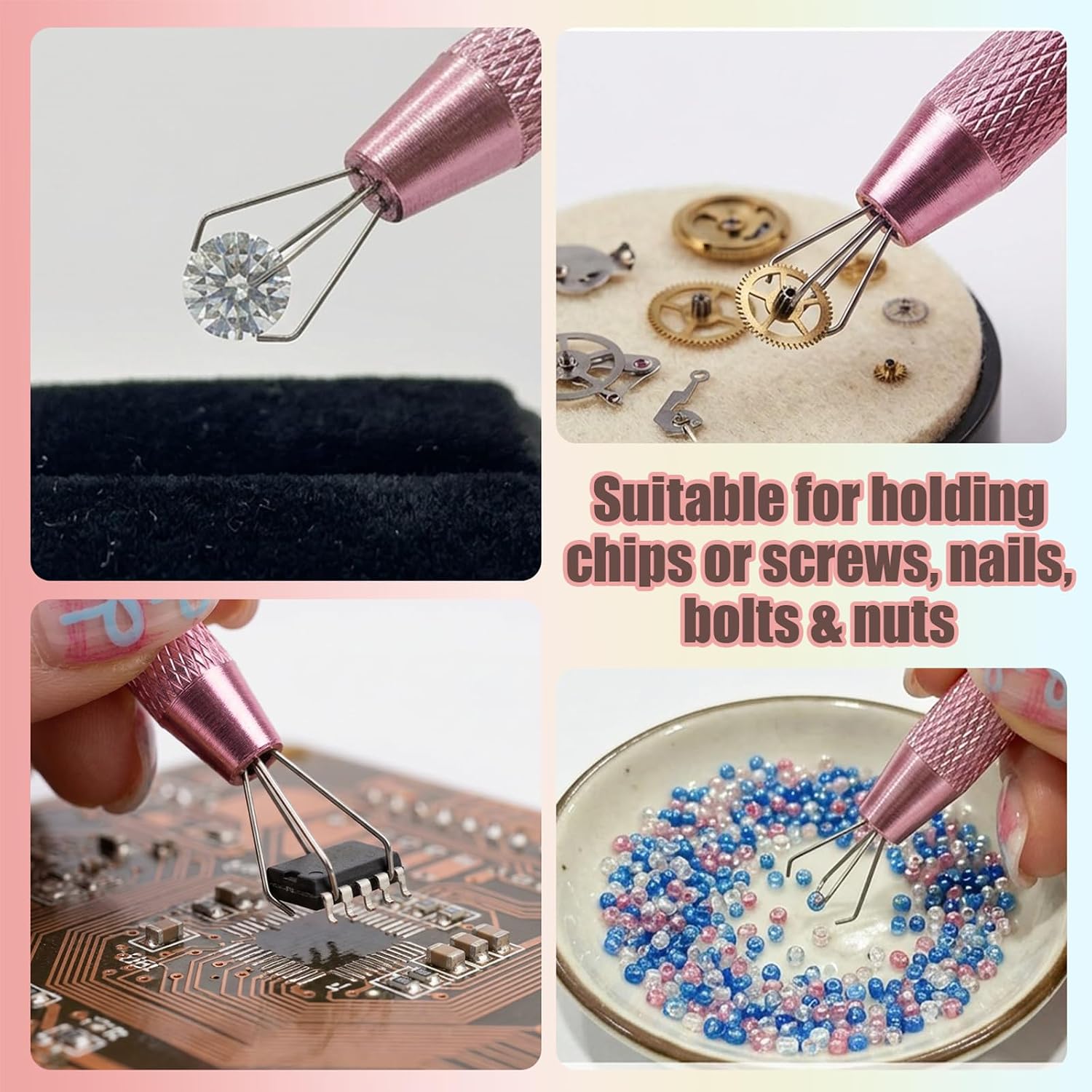 2 PCS Piercing Ball Grabber Tool Set,4 Claw Diamond Tweezers for Easy Jewelry Changing,Piercing Removal Tool,Stainless Steel Gem Pickup Tool for Septum, Earrings,Small Parts (bule、pink)