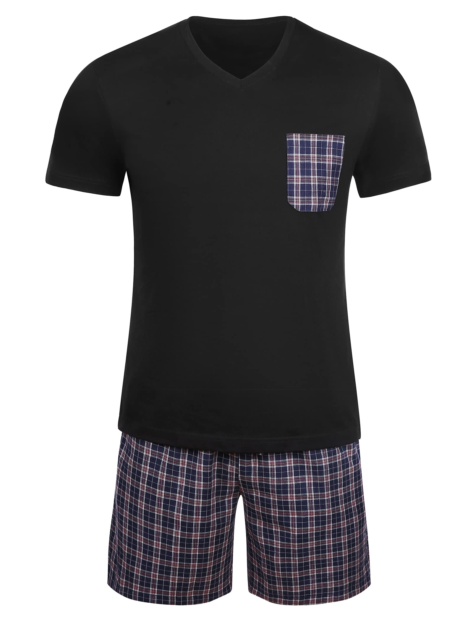 Winovia Herren Schlafanzug Kurz Pyjama Set aus 100% Baumwolle - V-Ausschnitt Kurzarm Shirt & Karierte Shorty Hose mit Gummibund - Atmungsaktive Nachtwäsche & Homewear für Sommer