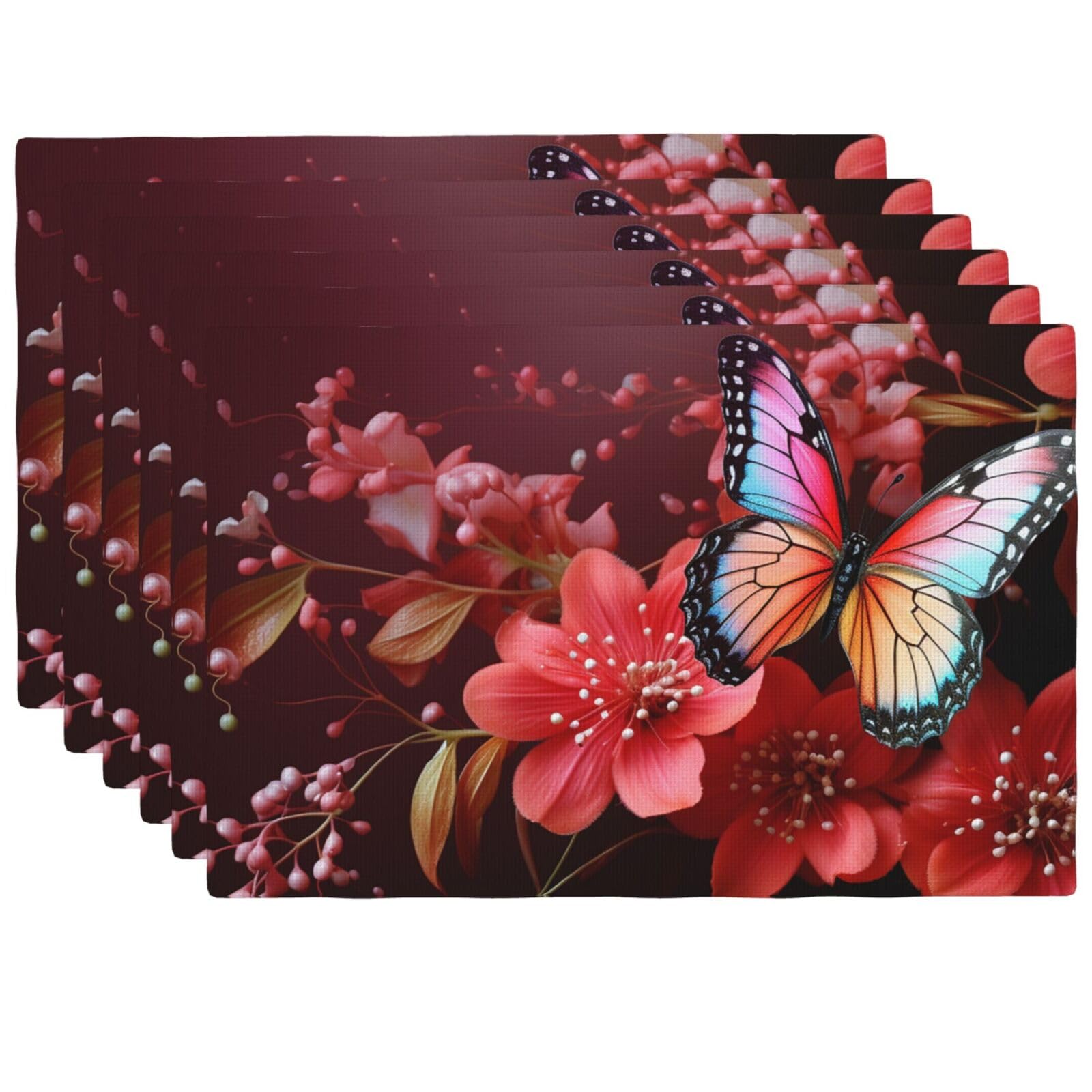 Set de table en lin rouge à motif fleurs et papillons lavable et thermorésistant Lot de 6
