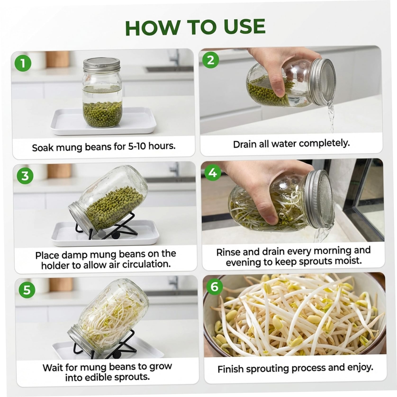 Kit de Culture de germes Kit Pot Germination à Large Ouverture avec couvercles en Maille d'acier Inoxydable, bac d'égouttement et Support pour la Culture brocolis, Haricots Mungo et