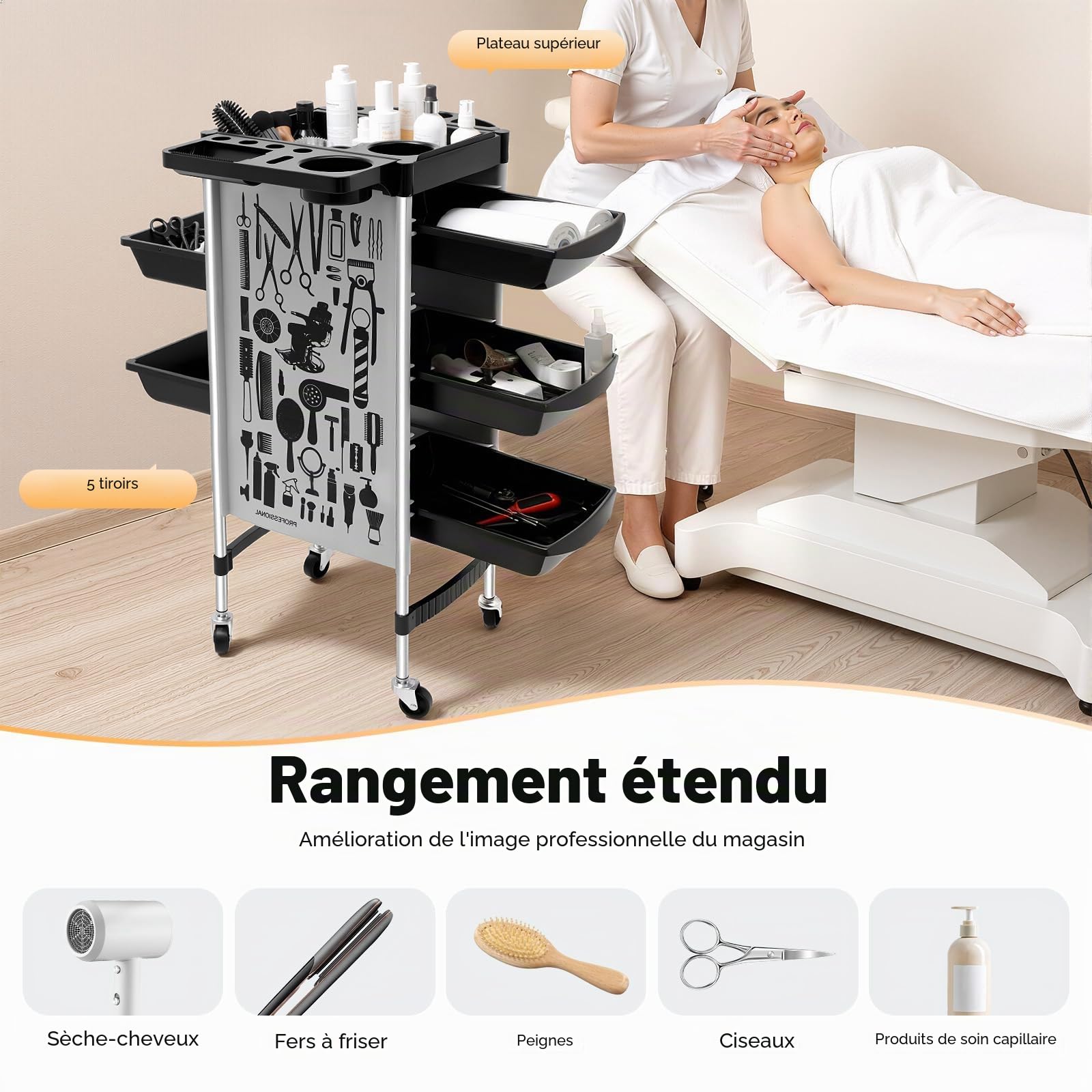 Chariot de salon avec 5 tiroirs et roulettes, chariot de salon pour styliste, coiffeur, SPA, jusqu'à 20 kg par tiroir, blanc