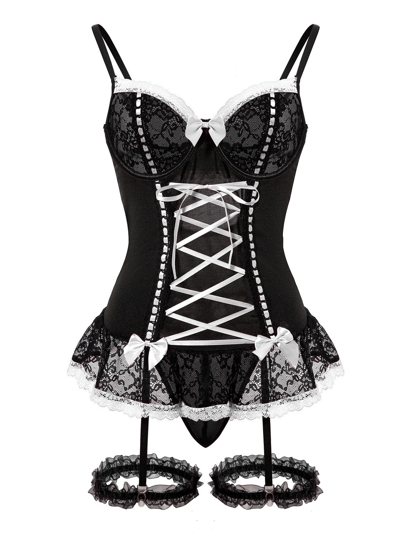 GXNRHG Corsé de Malla Sexy con Volantes y Encaje con Aros, Liguero Transparente, picardías, Conjunto de lencería con Tanga, 3 Piezas