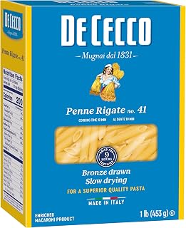 De Cecco Penne Rigate No.41 Semolina Pasta - Authentic Italian Bronze-Drawn, Al Dente Texture, Sauce-Gripping Rough Surface, 16oz