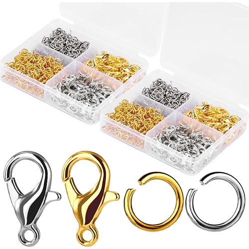 Yizzvb 1640 Pcs Lobster Clasps and Open Jump Rings Set, 2 Colors 12mm Lobster Claw Clasps with 7 * 5mm Jump Rings, Lobster Clasps Jewelry Kit for DIY Jewelry Making Accessories (Gold, Silver)