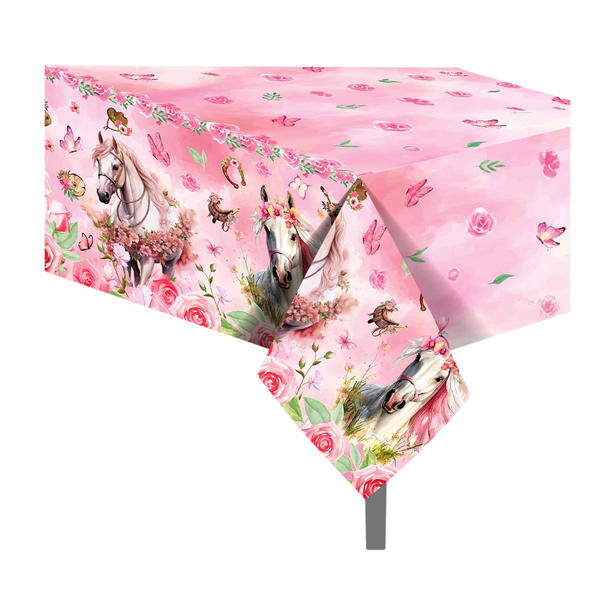 CC HOME 2Pc Rose Horse Racing Party Plastic Tablecloth 54 x 87 Inch Long Table Cover, Spring Flower Butterfly Party Tablecover for Floral Theme Kids Baby Shower Birthday Dinner Picnic Kitchen Event