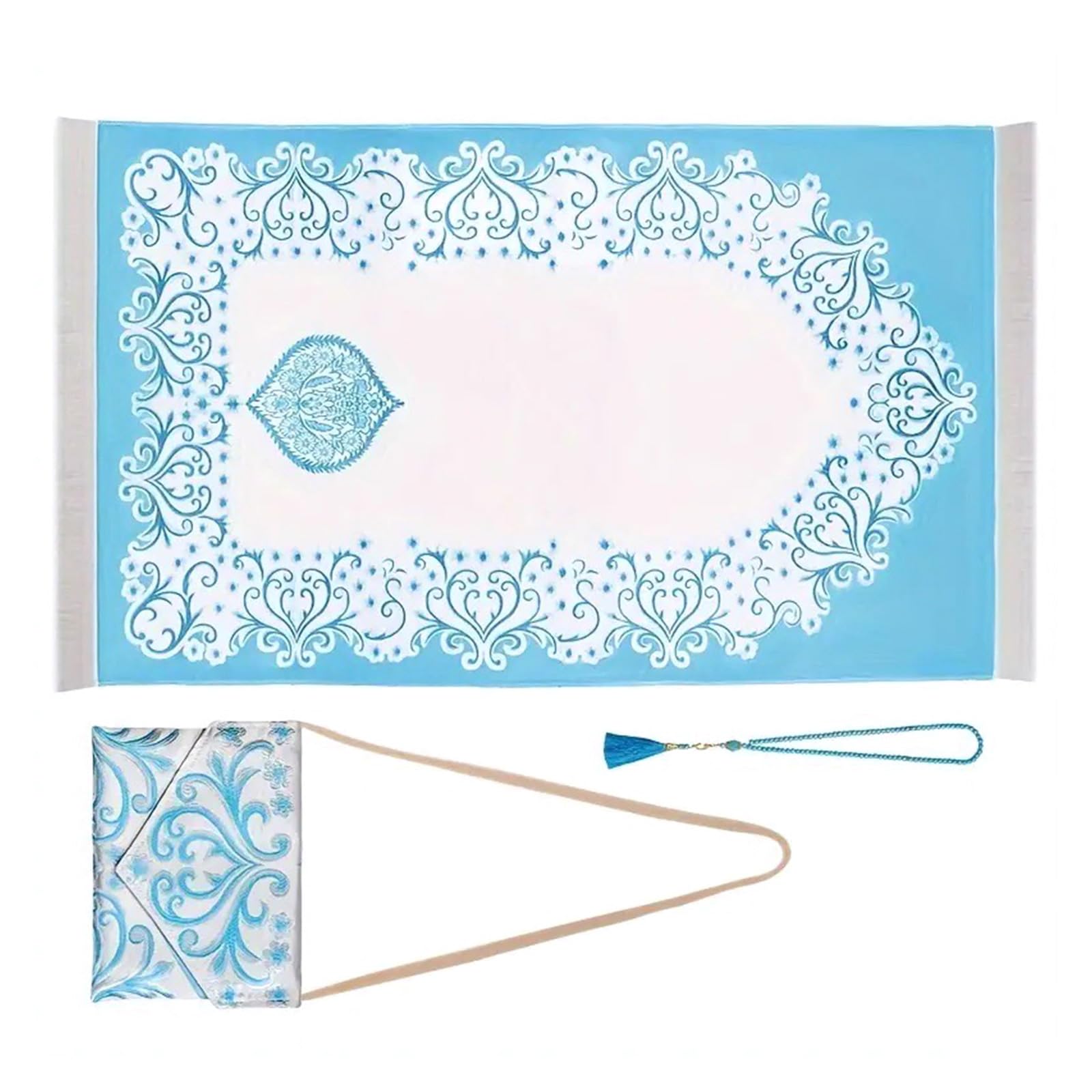 Tsophreniq Women's Blue Muslims Prayer Rug With Prayer Beads Tassels And Bag Travel Portable Pray Mat Islamics And Men Hiking Sitting Pad