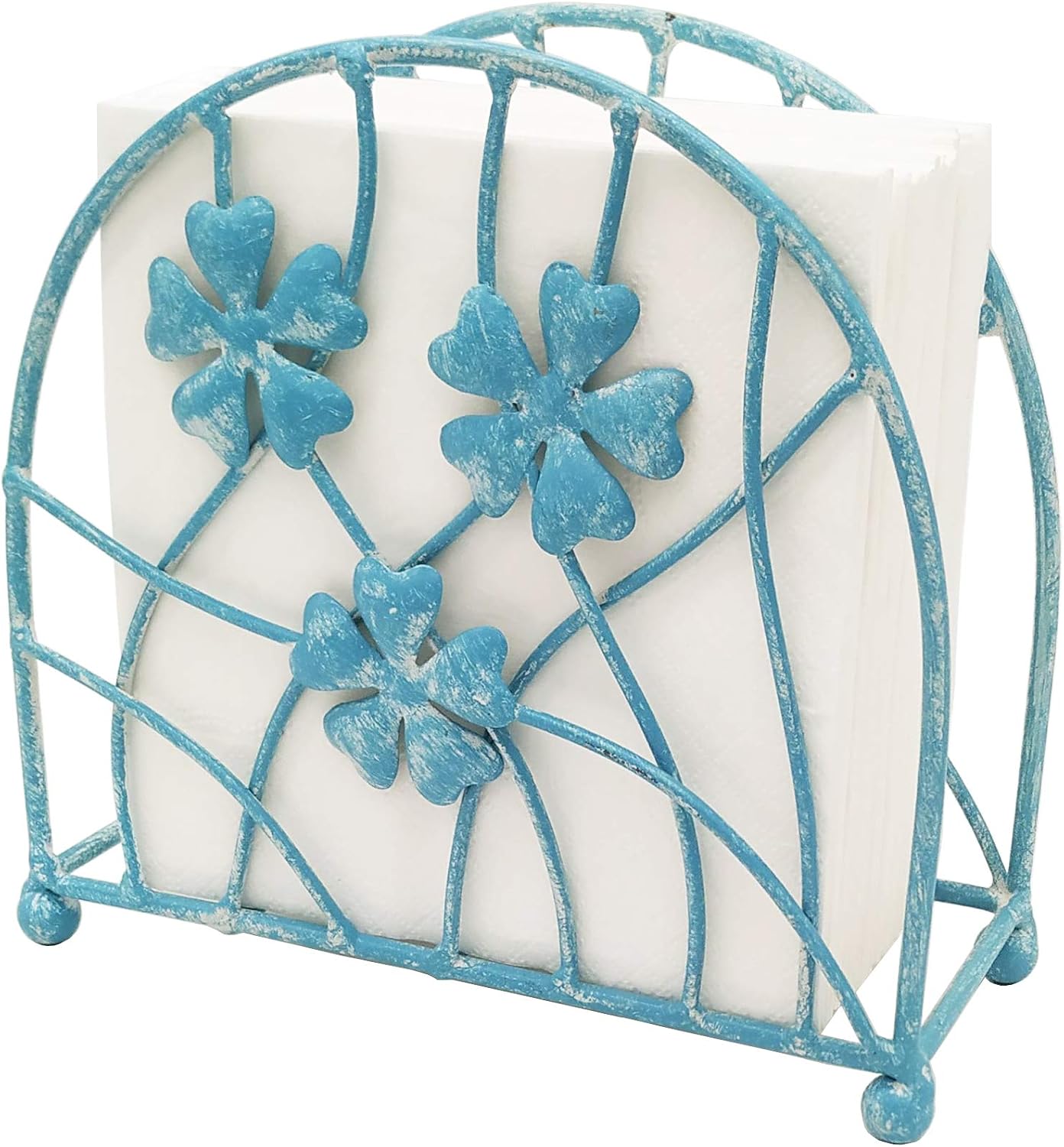 Antique Blue Metal Floral Petals & Branches Tabletop Napkin Holder, Freestanding Tissue Dispenser