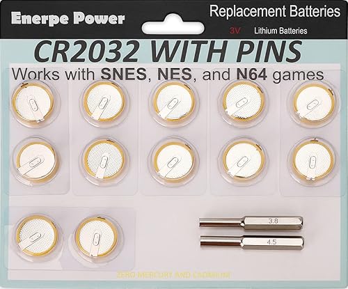 Enerpe CR2032 with Solder Pins 3V Replacement Battery for NES SNES N64 Save Game Cartridge 12-Pack