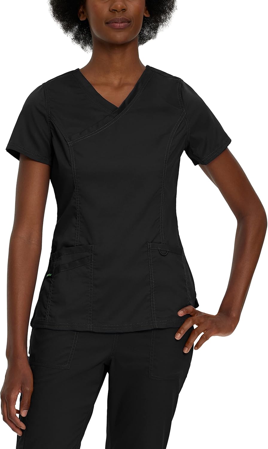 Landau Proflex Tailored Fit Stretch 3-Pocket Mock Wrap Scrub Top for Women 4161 Black