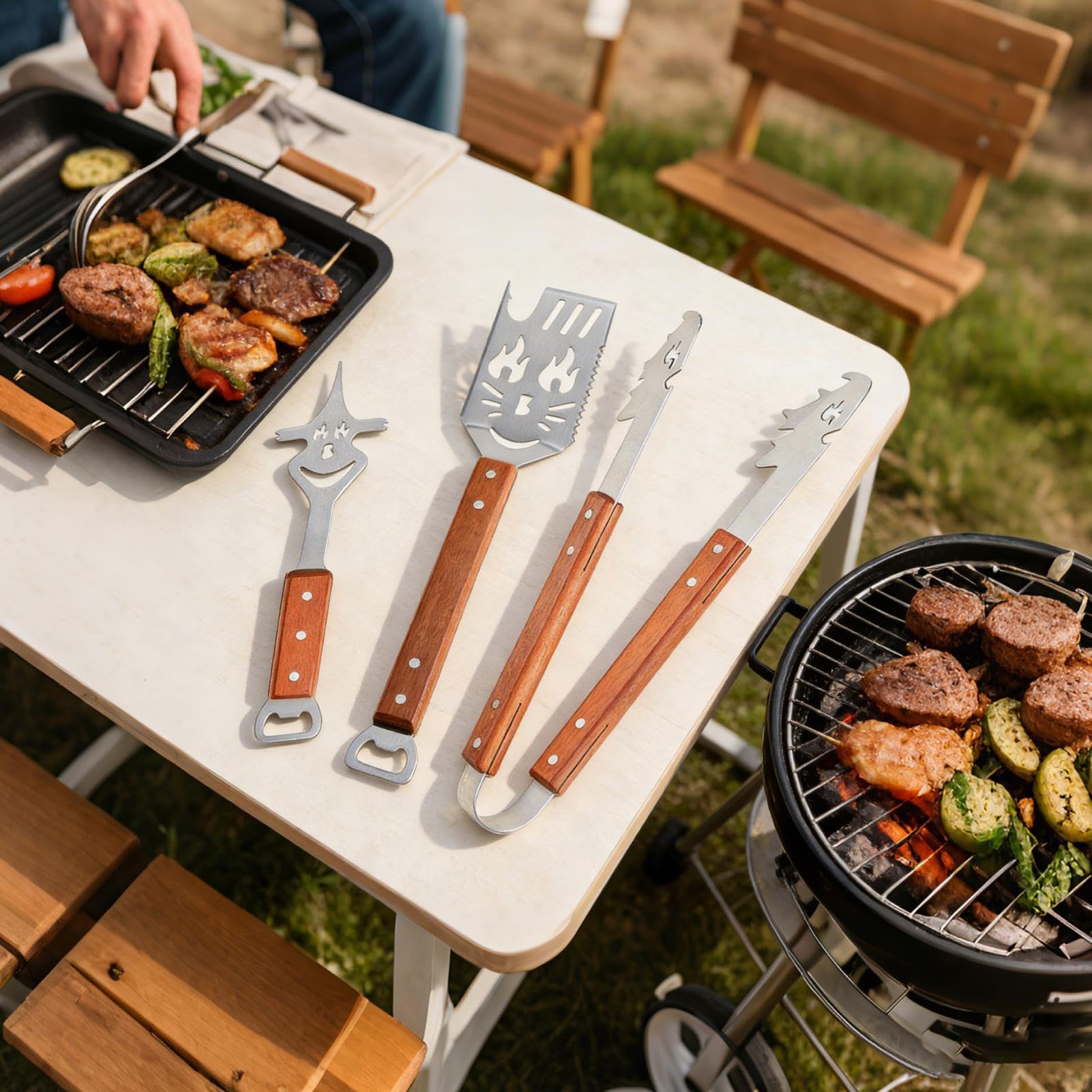 Set Di Utensili Da Barbecue, Griglia 3 Pezzi Multifunzionale Compatto | Set Utensili Barbecue Esterno Per Uomo Regalo