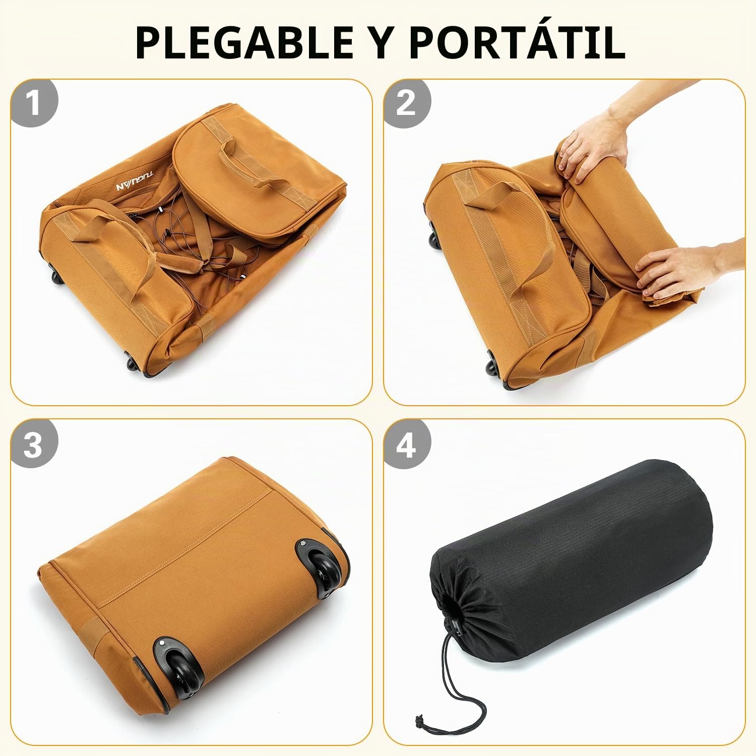 TUGUAN Bolsa de Viaje Plegable con Ruedas Grande 110L Bolsas de Equipo Deporte con Ruedas XL 28'' para Futbol Baloncesto Maletas de Viajes Camping Duffle Bag, Marrón