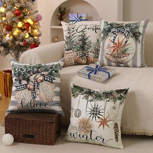 Miniatura 5 de DFXSZ Juego de 4 fundas de almohada de Navidad de 18 x 18 pulgadas, guantes de árbol de Navidad, fundas decorativas de invierno a rayas, decoración