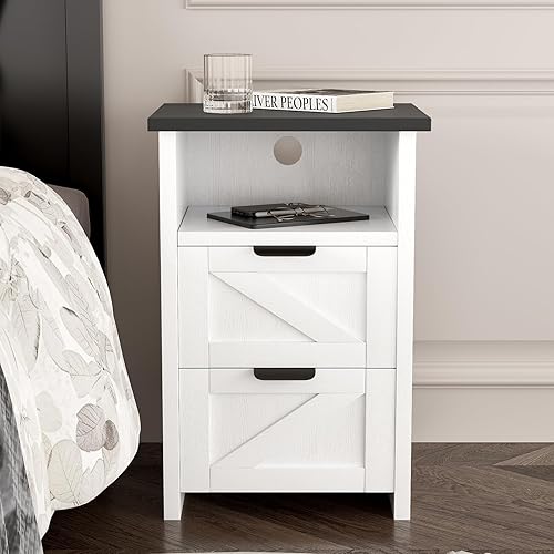 Miniatura 3 de Juego de 2 mesitas de noche de granja, mesa auxiliar de cama con 2 cajones y estante de almacenamiento, mesa auxiliar blanca rústica para