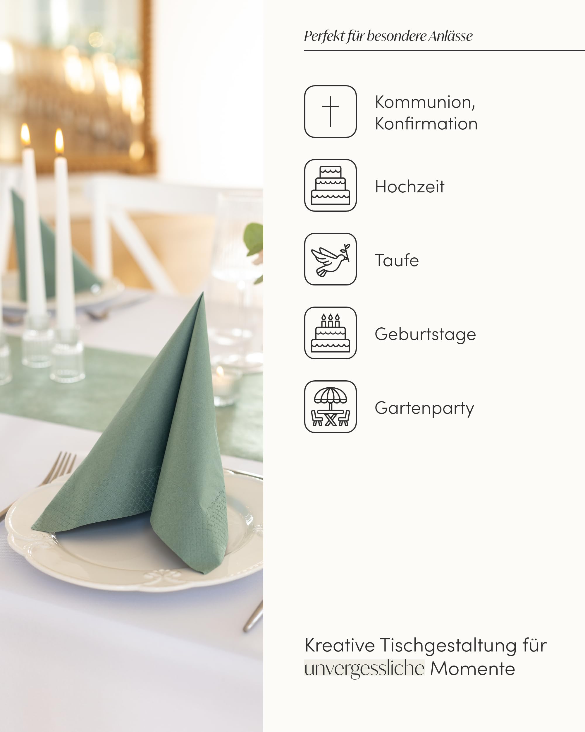 100%Mosel Tischdeko-Set – Eukalyptus Grün (25–50 Gäste) Tischläufer & Tissue Servietten für Taufe, Kommunion, Konfirmation, Hochzeit & Geburtstag – Praktisches Set für besondere Anlässe