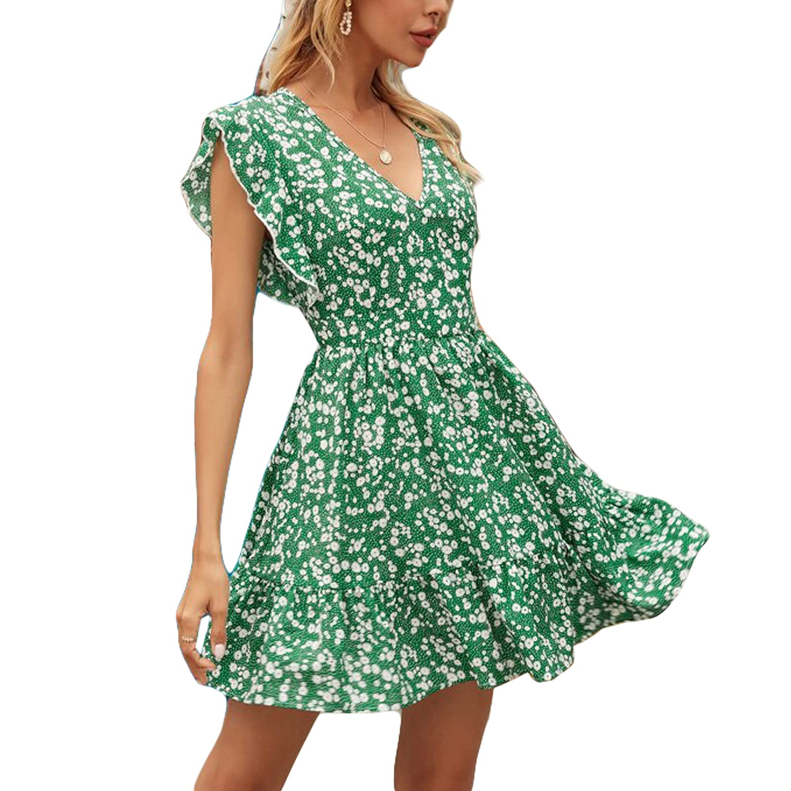 BEELADAN Women's Dresses Floral Print V Neck Ruffle Sleeve High Waist Wrap Flared Dress for Summer,Casual Loose Short Dress, Green, XL