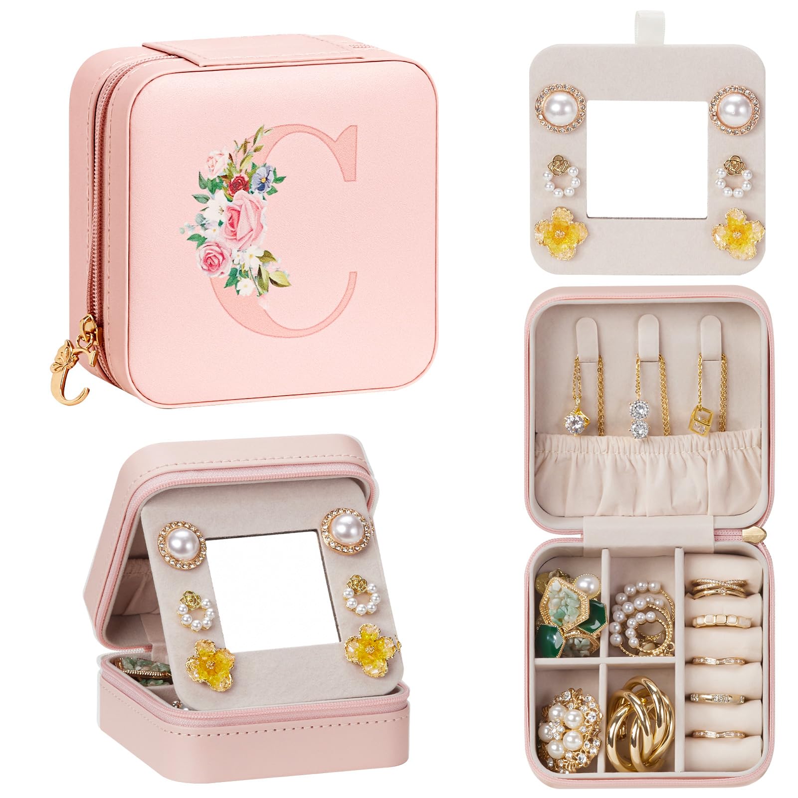 Travel Jewelry Box for Girls Traveling Jewelry Case Gift for Women - Mini Organizer for Necklaces Earrings Pink