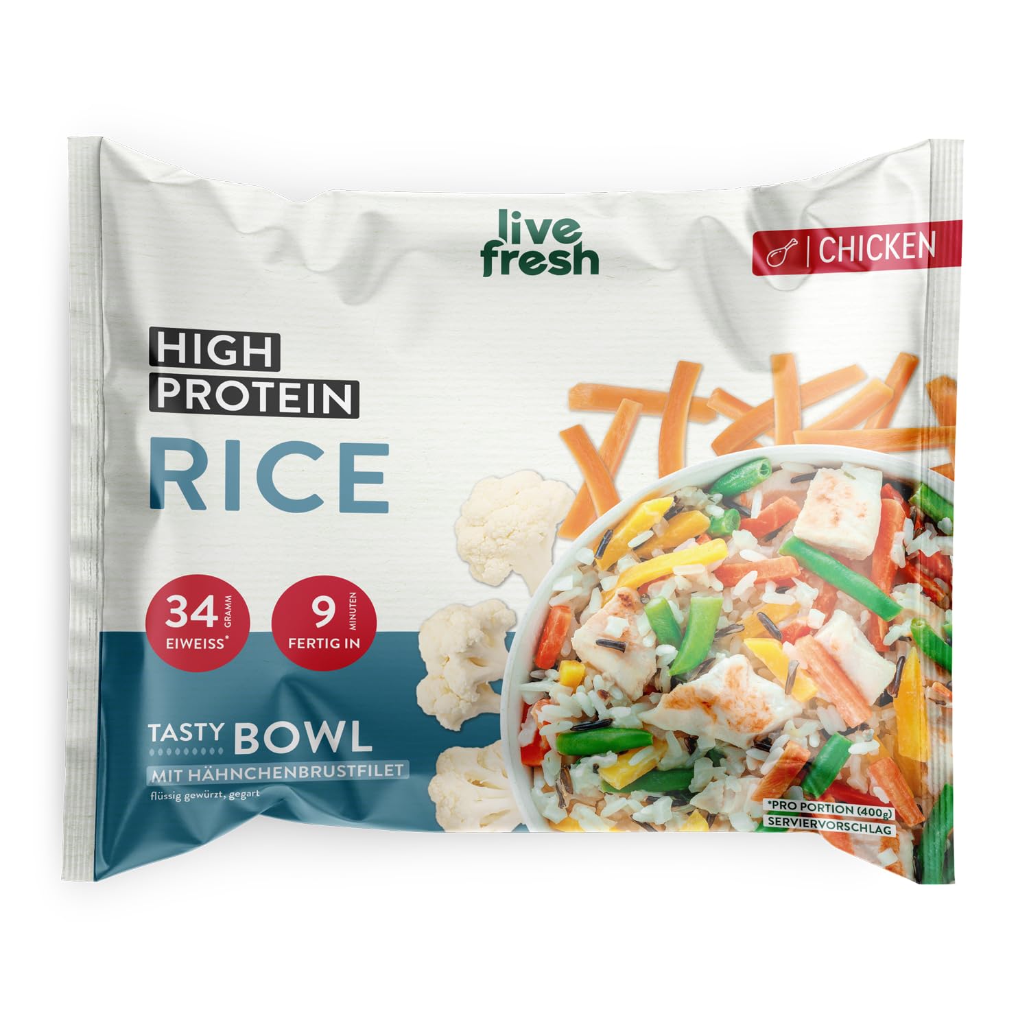 LiveFresh High Protein Reis | 7 x 400g Diät Feriggerichte mit Hähnchen | Low Carb Reis mit 24g Protein und nur 360 kcal pro Portion | Schnell zubereitet | Schonend schockgefrostet