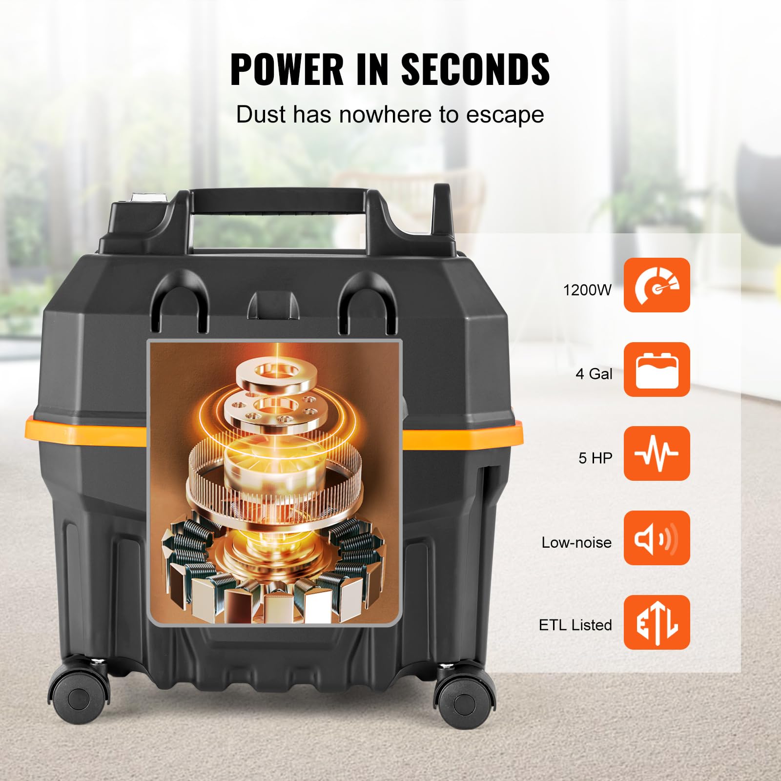 VEVOR Aspirapolvere per umidi asciutti 15 litri, Aspirapolvere portatile commerciale, 5 HP max., Aspirazione con ugello a rotelle, Aspirapolevere per tappeti, detriti, pelianimali domestici, Nero