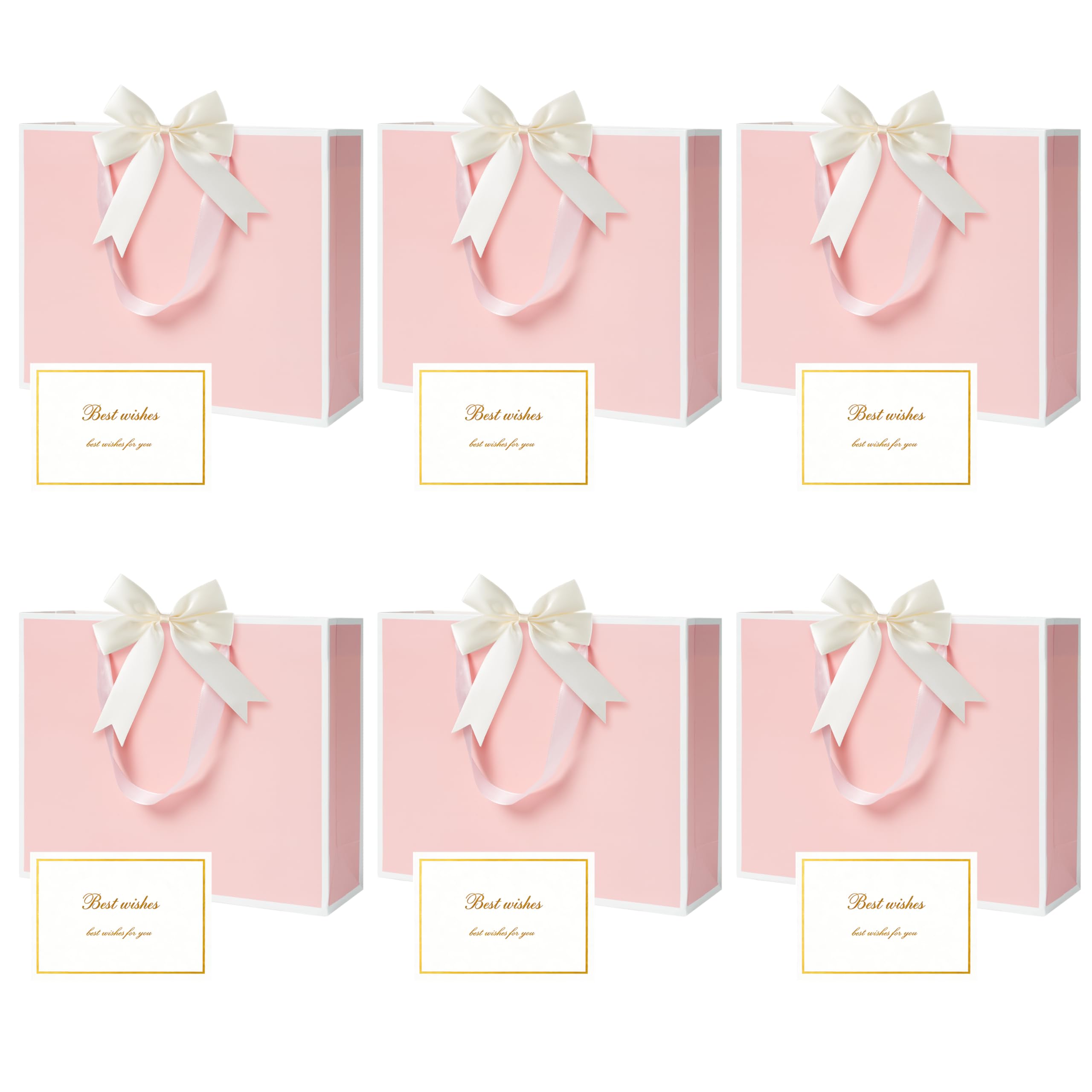 E1mity 6 PCS Pink Gift Bag Set with Handles, Medium Luxury Paper Gift Bags with Ribbon Bows and Gift Cards, Wedding Birthday Bridesmaid Thank You Present Bags for Women Girls, 27cm x 21cm x 8cm