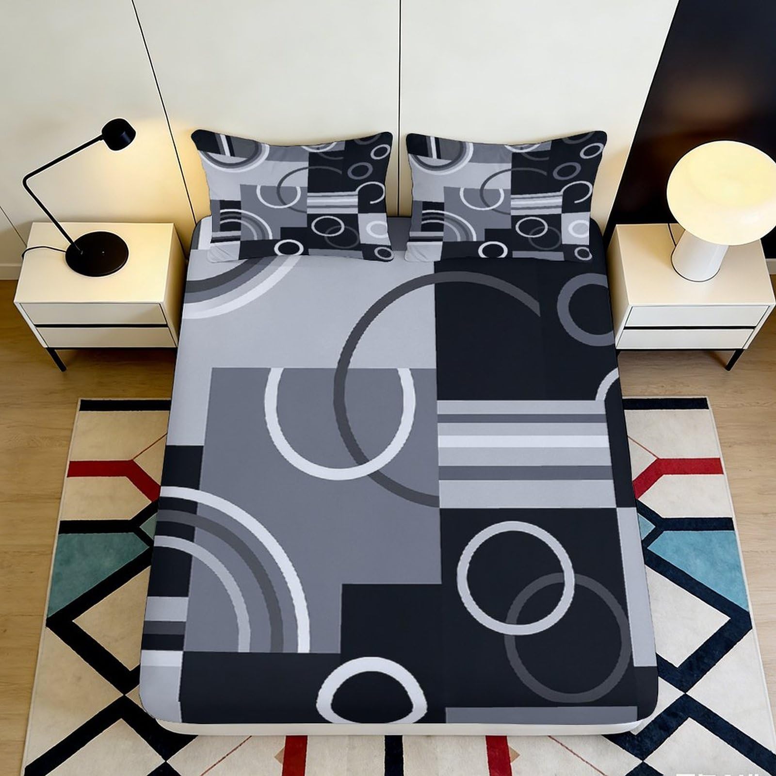 3D Printed Geometric Circle Fitted Sheet Microfiber Soft Black White Abstract Mattress Cover Bedroom Decor 90x200x25cm