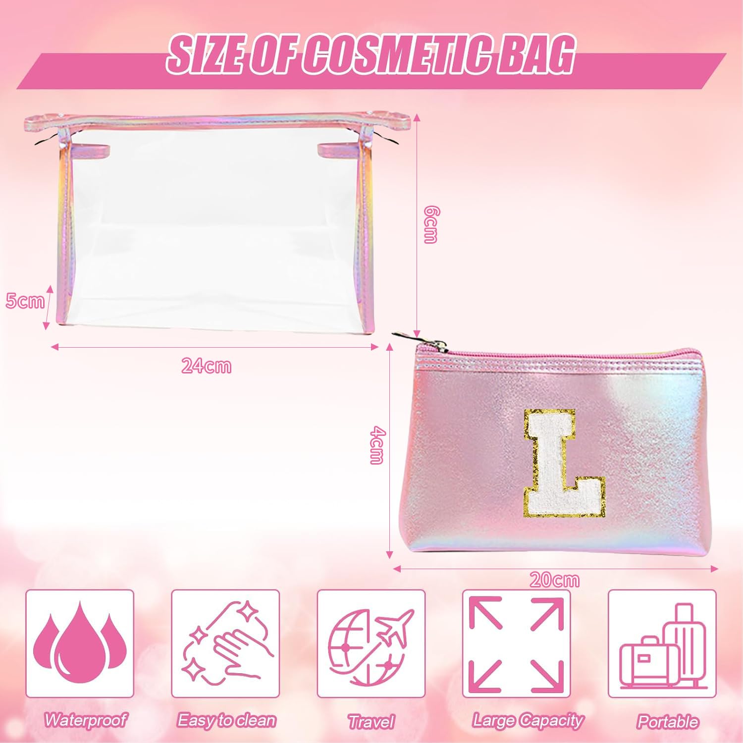 2 Pezzi Beauty Case da Viaggio Trasparente, Trousse Trucchi Donna, Borsa da Toilette in PU-PVC, Borse da Viaggio Impermeabile, Borsa Cosmetici Regalo Compleanno Natale Ideale per Donne Ragazze Rosa K