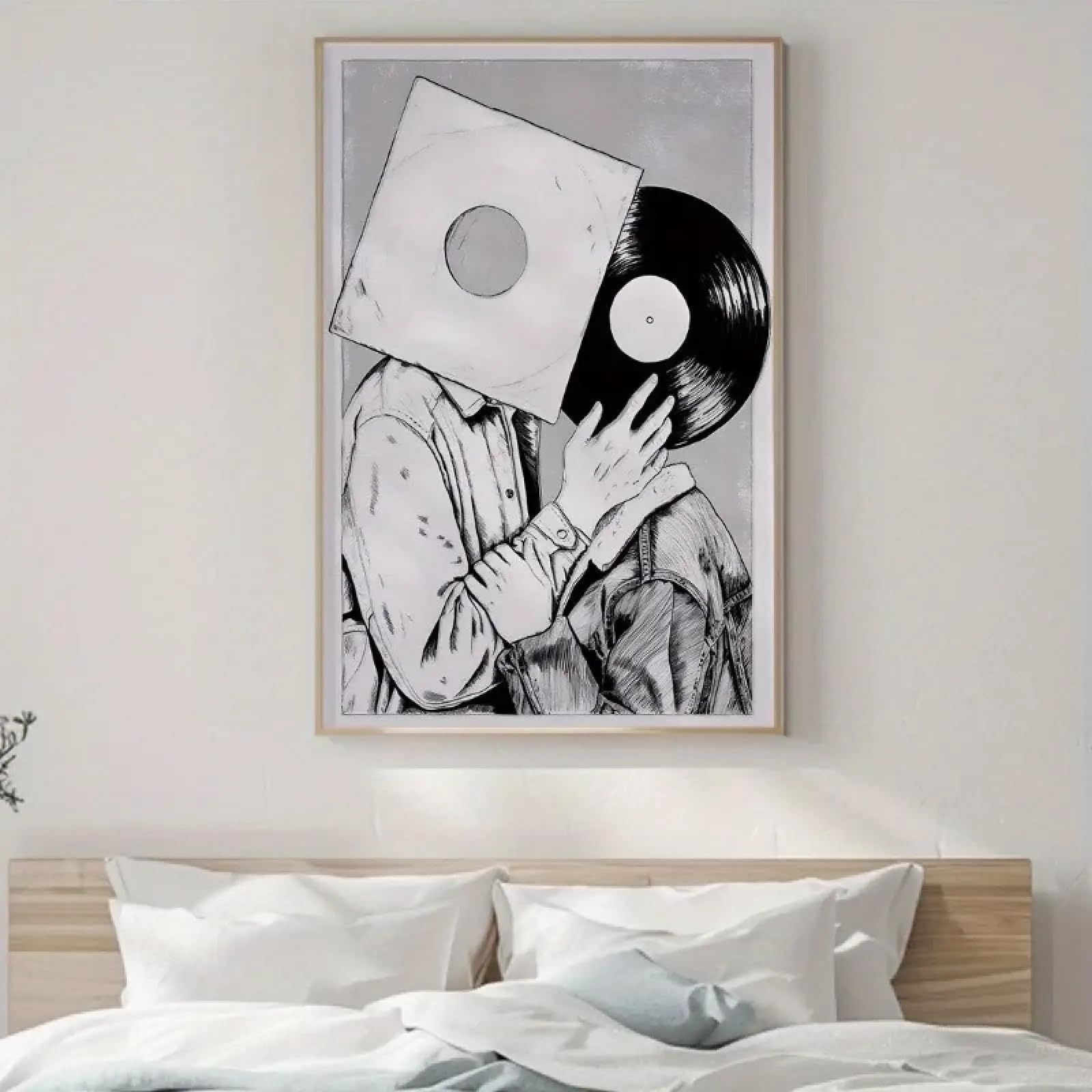 CAOXTART Czarno-biała płyta winylowa ludzie nadruk malarstwo, nowoczesny styl płótno sztuka ścienna, plakaty z motywem miłości, wystrój biura domowego 70 x 100 cm rama