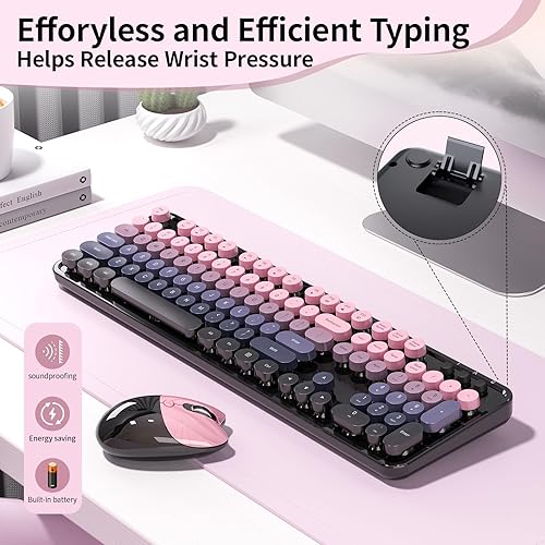 Miniatura 6 de Teclado y mouse inalámbricos, 104 teclas redondas MOFII máquina de escribir retro con OTG y cepillo, ergonómico de tamaño completo, ideal para PC