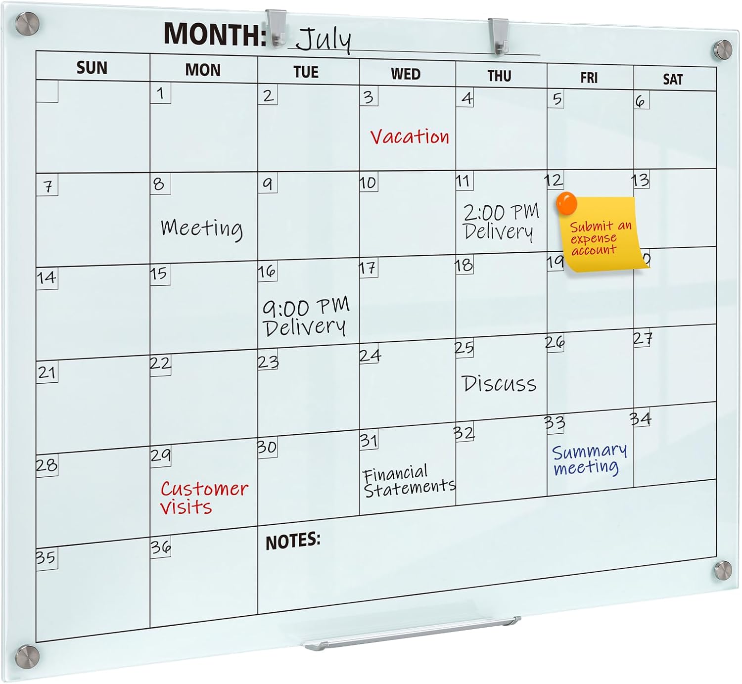 Glass Dry Erase Calendar for Wall, 48 x 36 Inches Magnetic Glass Monthly Calendar Whiteboard, 4' x 3' Frameless Planner Board for Office, Home, School