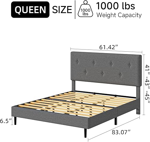 Miniatura 2 de Marco de cama de lino tamaño Queen, marco de cama tapizado con cabecera ajustable, soporte de listones de madera, no necesita somier, fácil montaje,