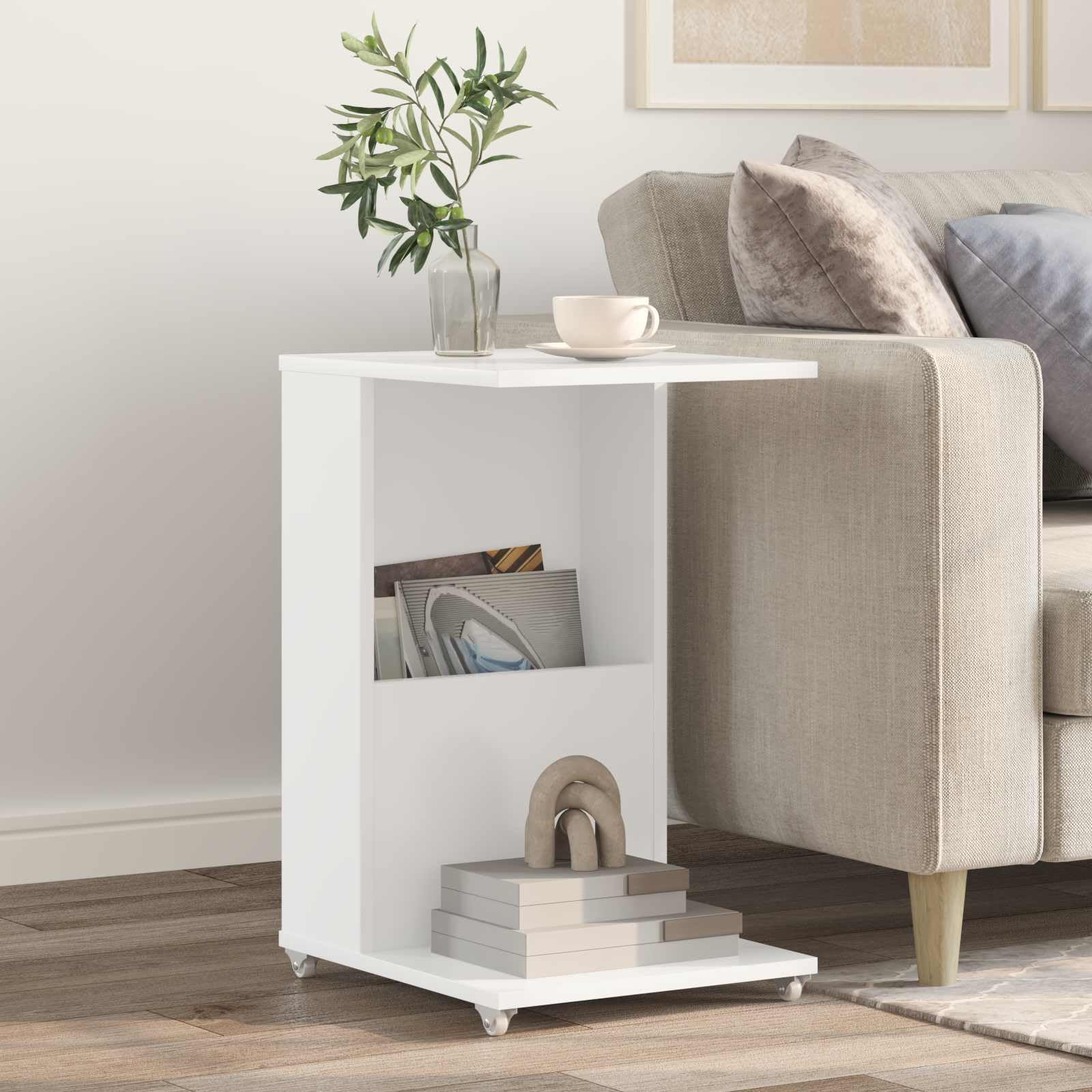 Mesa auxiliar blanca de madera con 4 ruedas, 40 x 35 x 60 cm, para salón, dormitorio, pasillo, balcón, oficina, sofá y cama con diseño moderno