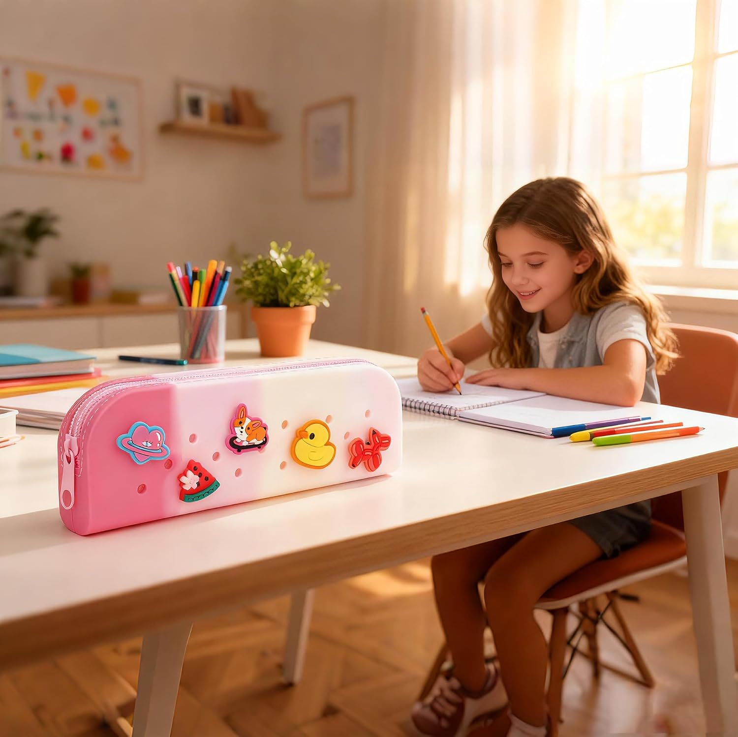 ECHSRT Cute Small Silicone Pencil Case with 10 Random Charms and DIY Holes | Soft silicone, compact size, easy to clean, DIY charm holes, 10 random charms, fits pens, erasers, and small items